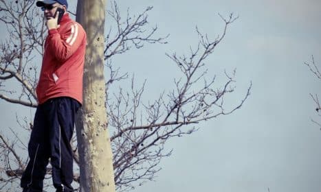 man, the person, nature, speaking, phone, leaning, trunk, tree, park, the nature, heaven, winter
