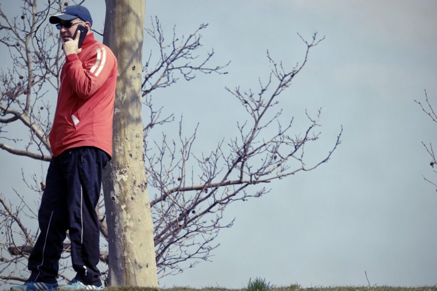 man, the person, nature, speaking, phone, leaning, trunk, tree, park, the nature, heaven, winter
