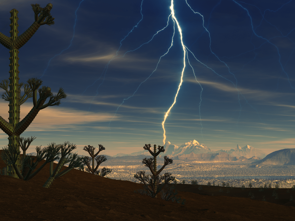 lightning, storm, heaven, blue, silhouette, desert, backlighting, nature, cacti, plant, cactus, space, universe, planet, landscape, fractal