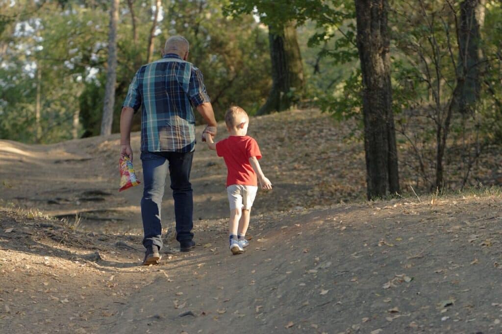 father and son, trekking, walking, strolling, man, boy, taking a walk, taking a stroll, father and child, path, trail, park, woods, outdoors, slope, trees, nature