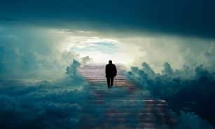 man, stairs, heaven, old man, stairway, steps, sky, clouds, cloudy, paradise, faith, belief, nature, fantasy, mourning, loss, grief, afterlife, death