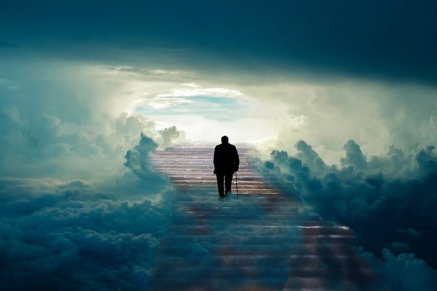 man, stairs, heaven, old man, stairway, steps, sky, clouds, cloudy, paradise, faith, belief, nature, fantasy, mourning, loss, grief, afterlife, death