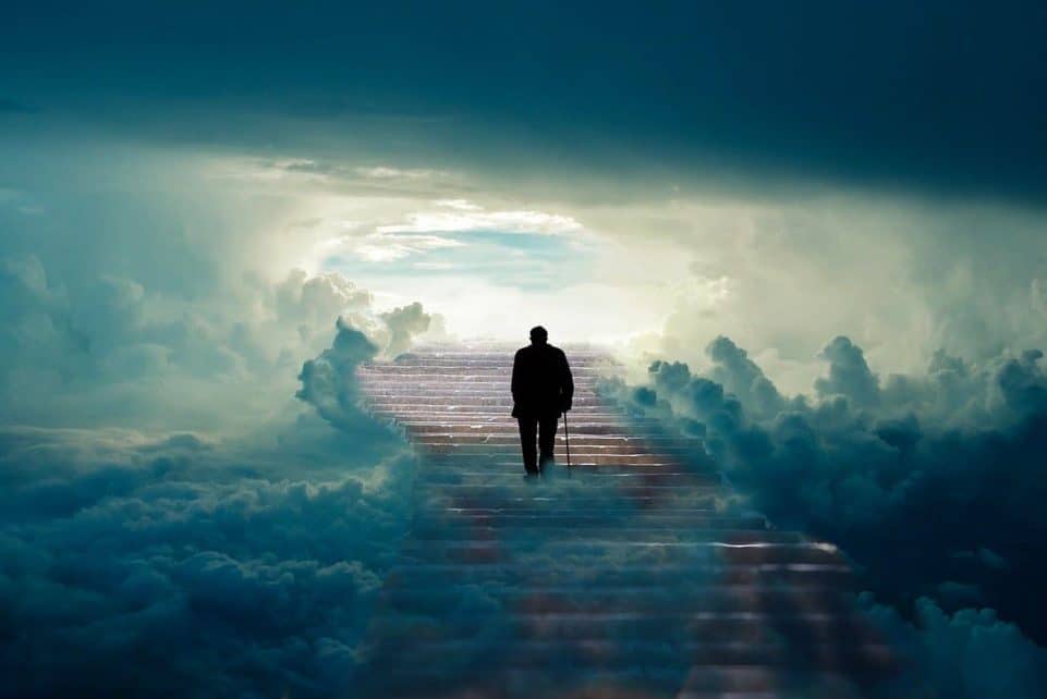 man, stairs, heaven, old man, stairway, steps, sky, clouds, cloudy, paradise, faith, belief, nature, fantasy, mourning, loss, grief, afterlife, death
