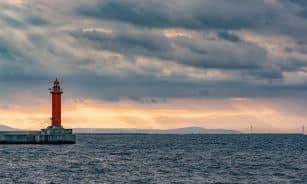 red lighthouse, osaka bay, sea, clouds, sky, cloudy, cloudy sky, nature, seascape, lighthouse, akashi-kaikyo bridge, japan, watchtower, beacon, navigation