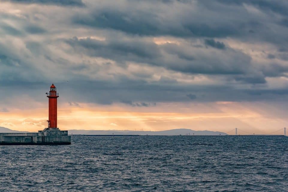 red lighthouse, osaka bay, sea, clouds, sky, cloudy, cloudy sky, nature, seascape, lighthouse, akashi-kaikyo bridge, japan, watchtower, beacon, navigation