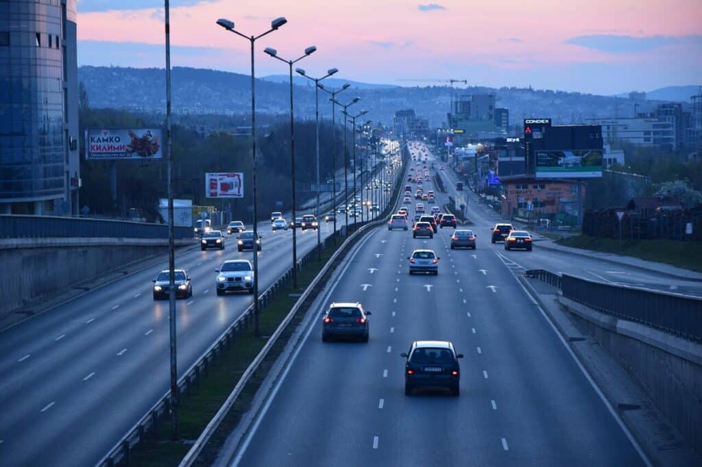 highway, city, cars, traffic, road, nature, urban traffic, urban, twilight, sunset, dusk