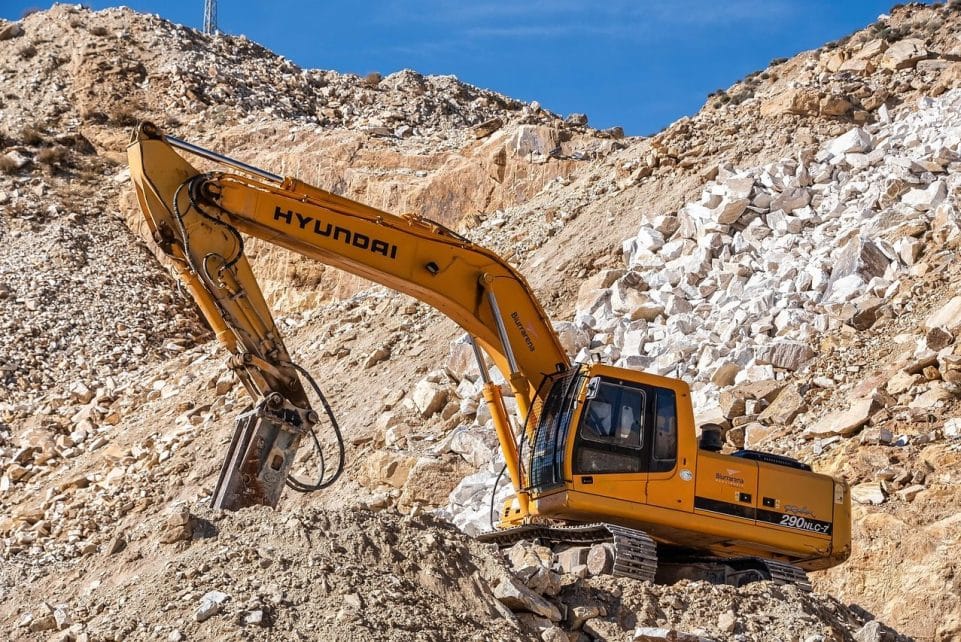 excavator, quarry, mining, marble, debris, rocks, machine, heavy equipment, open-pit mine, nature, mountain, macael