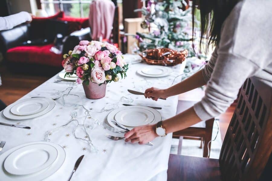 table setting, table, preparing, set, flower background, christmas, holidays, woman, girl, flowers, dishes, set table, flower wallpaper, interior, nature, beautiful flowers, decoration, dinner, meal, xmas