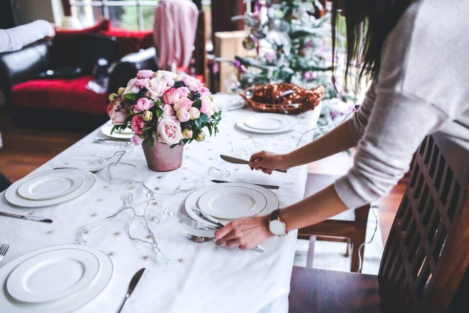 table setting, table, preparing, set, flower background, christmas, holidays, woman, girl, flowers, dishes, set table, flower wallpaper, interior, nature, beautiful flowers, decoration, dinner, meal, xmas