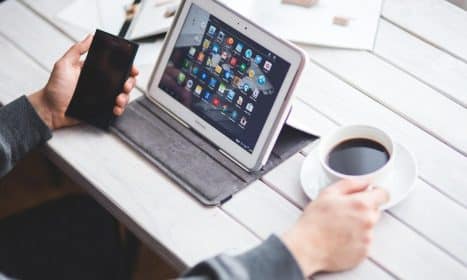 technology, digital, digital tablet, device, mobile, phone, cell, smartphone, coffee, drink, drinking, man, boy, male, work, working, android, white, android, android, android, android, android