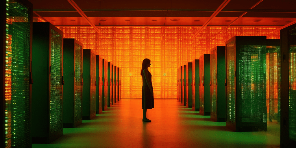 ai generated, linked data, data center, futuristic, data, glowing, servers, woman, silhouette, data centre, data processing, artificial intelligence, cyberpunk, industrial, dystopian, data center, data center, data center, data center, data center, data