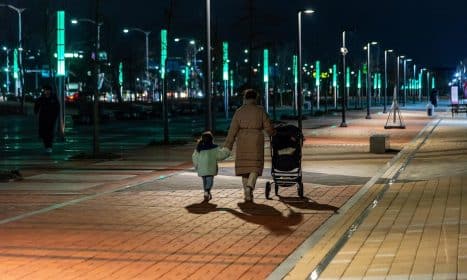 mother, child, walk, stroller, stroll, city, road, side walk, night, lifestyle