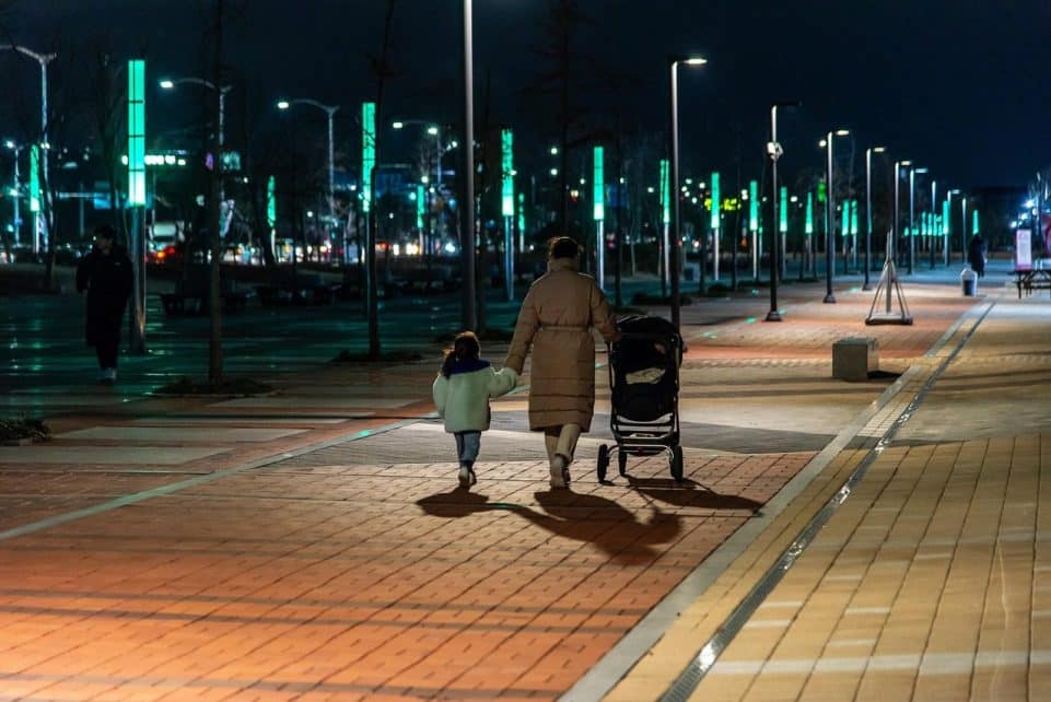 mother, child, walk, stroller, stroll, city, road, side walk, night, lifestyle