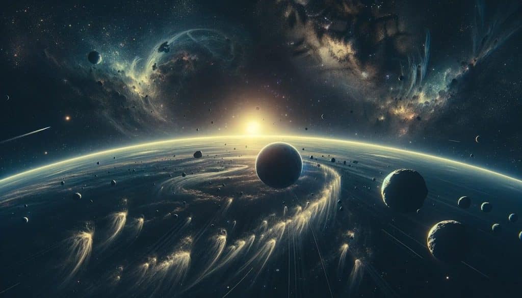 ai generated, cosmic, celestial, asteroid, collision, tropical, nebulae, stars, universe, void, radiant, breathtaking, expanse, mesmerizing, grandeur, impact, debris, shimmering, atmosphere