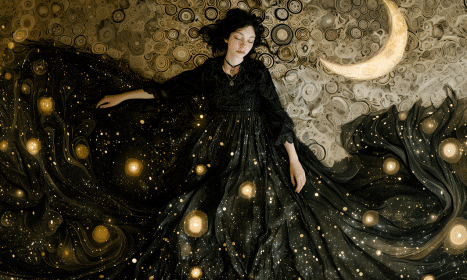 sleep, dream, girl, resting, cute, night, zodiac, horoscope, astrology, moon, stars, constellations, planets, goddess, fantasy, magic, mythology, love, surreal, goth, gothic, young, witch, mysterious, ai generated