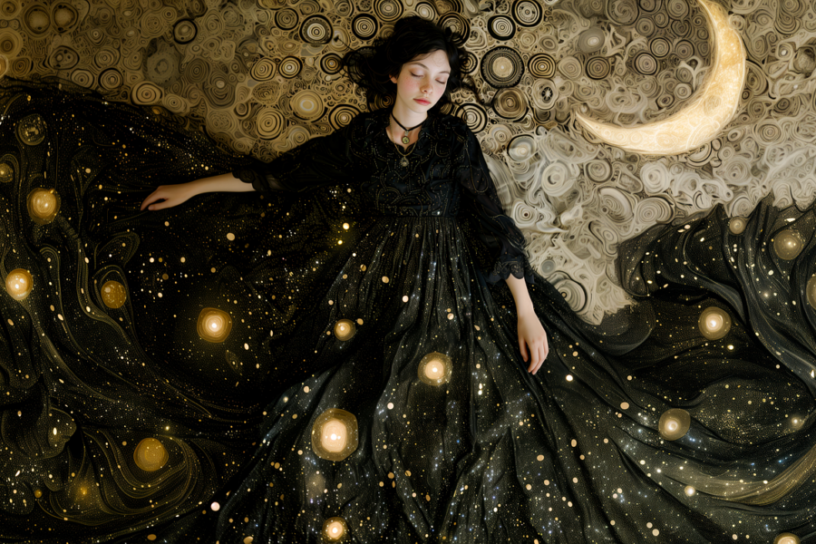 sleep, dream, girl, resting, cute, night, zodiac, horoscope, astrology, moon, stars, constellations, planets, goddess, fantasy, magic, mythology, love, surreal, goth, gothic, young, witch, mysterious, ai generated