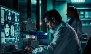 ai generated, doctor, neurologist, laboratory, hospital, research, medical research center, brain, brain research, neurons neurons, skull, brain cells, research, research, research, research, research, brain, brain