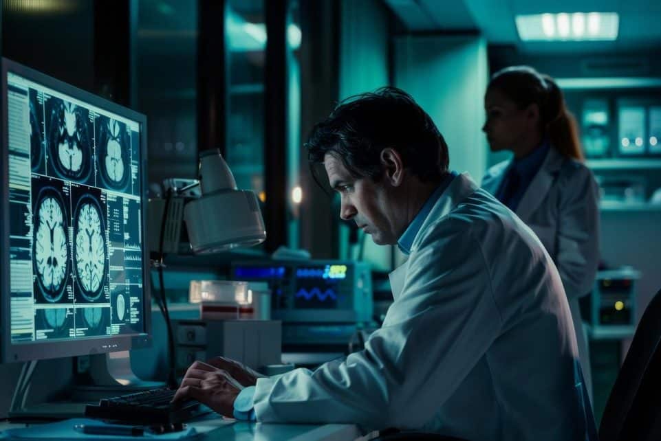 ai generated, doctor, neurologist, laboratory, hospital, research, medical research center, brain, brain research, neurons neurons, skull, brain cells, research, research, research, research, research, brain, brain