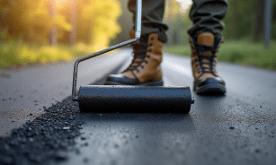construction, road work, asphalt, paving, roller, worker, boots, manual labor, maintenance, repair, improvement, infrastructure, outdoors, sunlight, new surface, fresh, blacktop, pathway, driveway, road repair, construction worker, road maintenance, diy, home improvement, asphalt sealing, ai generated