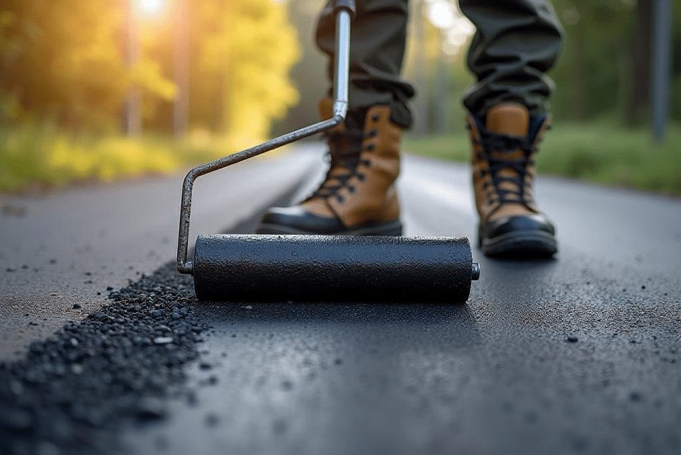 construction, road work, asphalt, paving, roller, worker, boots, manual labor, maintenance, repair, improvement, infrastructure, outdoors, sunlight, new surface, fresh, blacktop, pathway, driveway, road repair, construction worker, road maintenance, diy, home improvement, asphalt sealing, ai generated