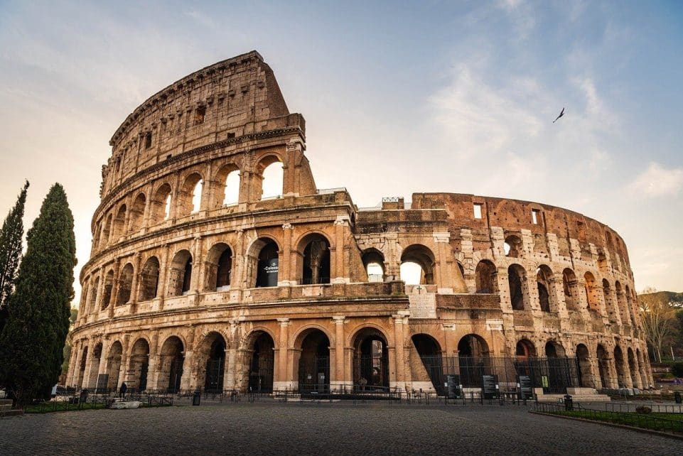 italy, rome, colosseum, sunset, nature, ancient architecture, travel, roman arena, tourists