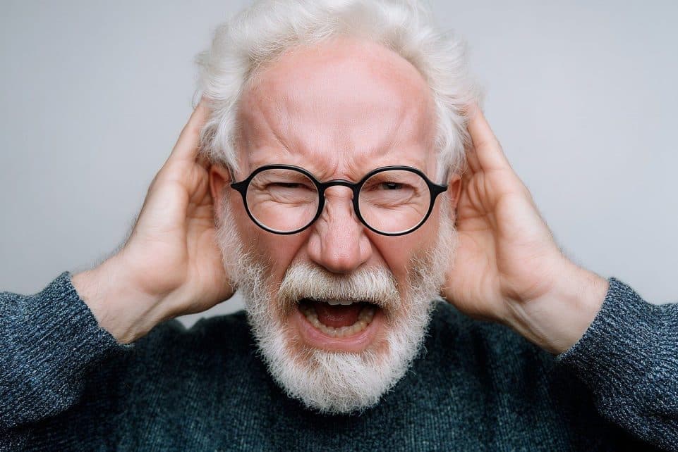 ai generated, elderly, senior, aging, emotions, expressive, gesturing, glasses, spectacles, sweater, hands, ears, hearing, covering, stressed, frustrated, reaction, mature, wisdom, experienced, energy, dynamic, dramatic, closeup