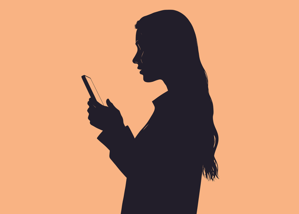 woman, smartphone, silhouette, technology, communication, digital, screen, texting, browsing, scrolling, female, profile, media, internet, phone, social, device, character, modern, contemporary