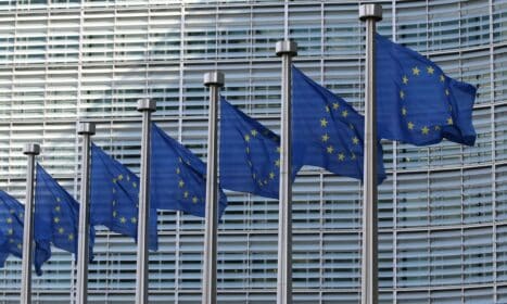 blue and white flags on pole