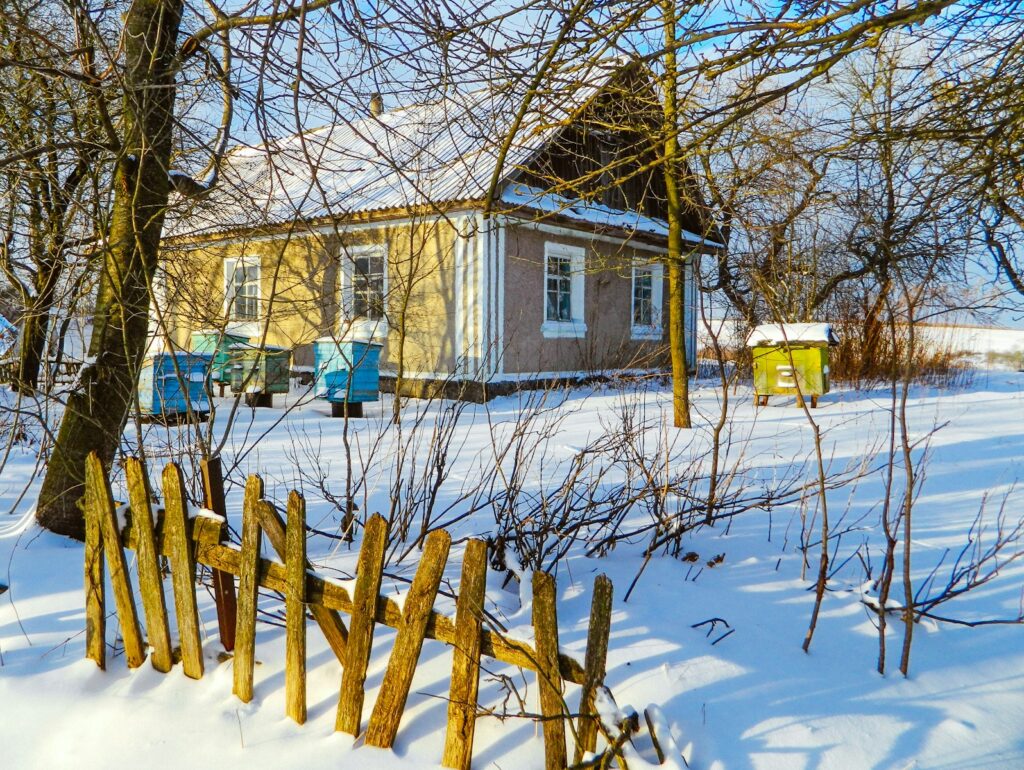a house with a fence and trees around it