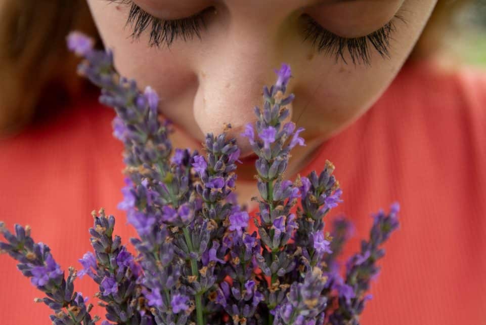 woman in orange shirt with purple flowers on her head
