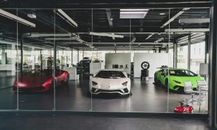 three white, red, and green Lamborghini coupes