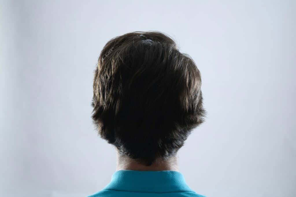 The back of a man's head in a blue shirt