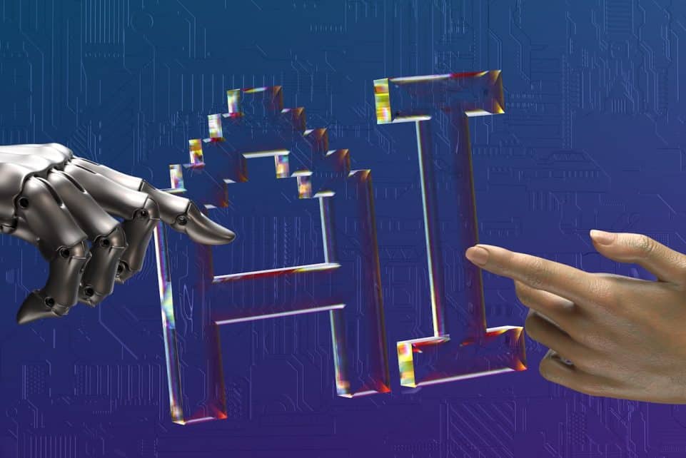 two hands touching each other in front of a blue background