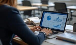Woman working on laptop with charts and graphs.
