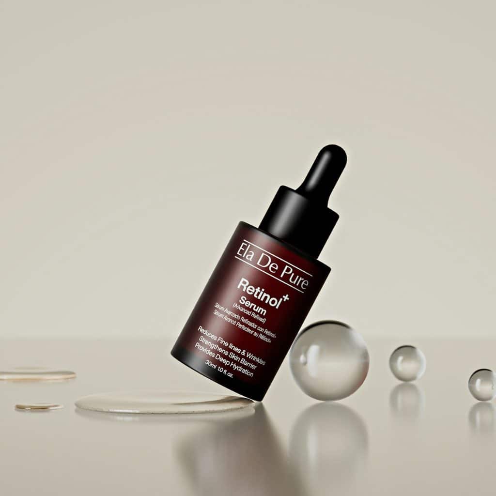 Bottle of retinol serum with glass spheres