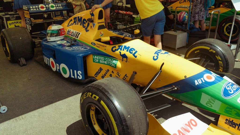 Yellow and blue formula 1 race car