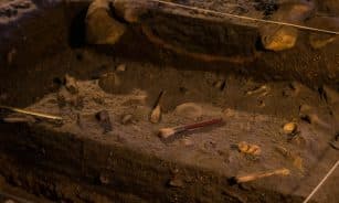 a close up of a dirt ground with tools