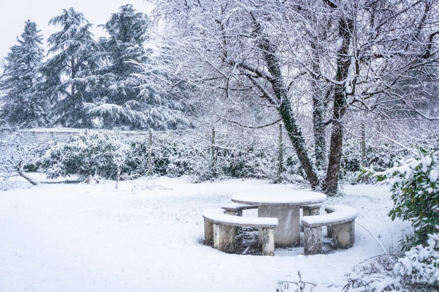 a snow covered park bench sitting in the middle of a forest