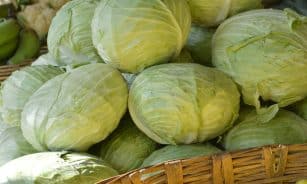 a basket filled with cabbage next to a pile of green apples