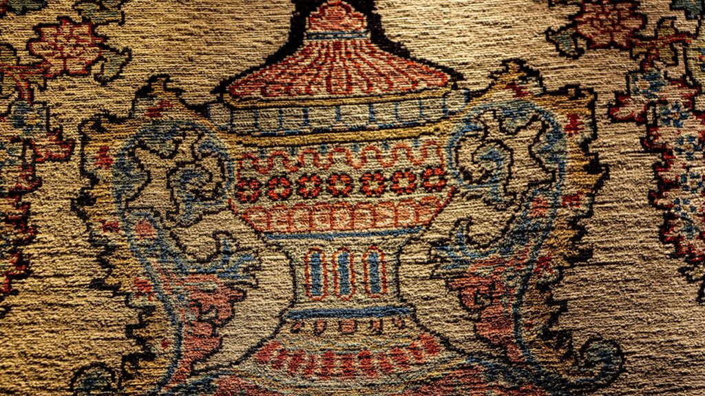 A close up of a rug with a vase on it