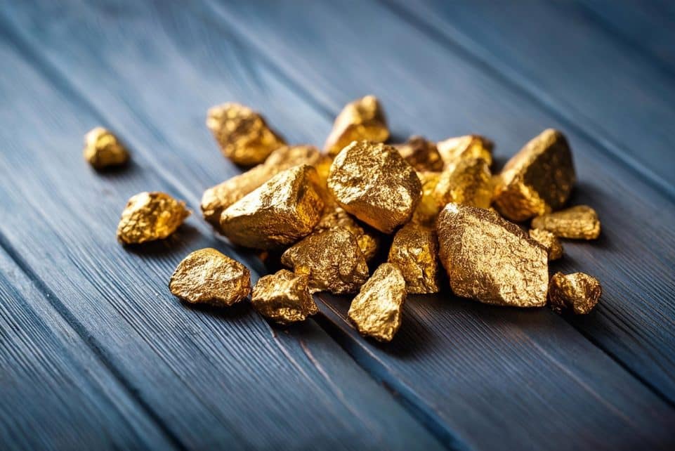 A pile of gold nuggets sitting on top of a wooden table