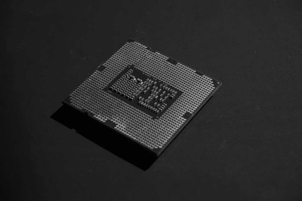 A close up of a processor chip on a table