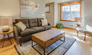 brown couch with two white throw pillows