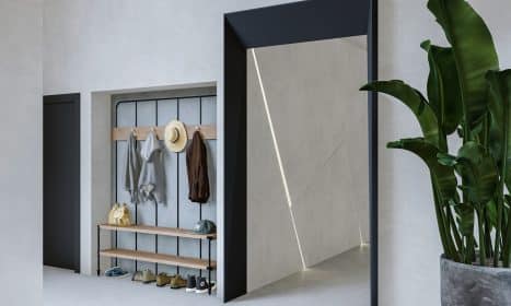 a room with a plant and a coat rack