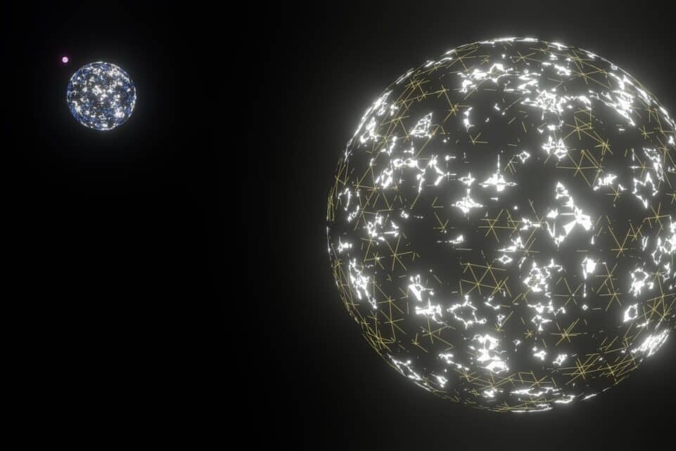 Glowing planets float in a dark, empty space.