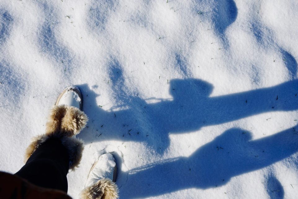 a shadow of a person standing in the snow