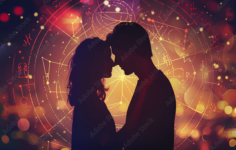 Horoscope compatibility. Loving couple and zodiac wheel
