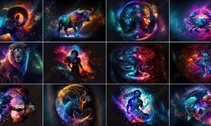 Set of zodiac signs against space nebula background. Astrology calendar. Esoteric horoscope and fortune telling concept. Created with Generative AI