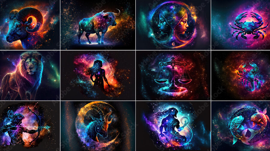 Set of zodiac signs against space nebula background. Astrology calendar. Esoteric horoscope and fortune telling concept. Created with Generative AI