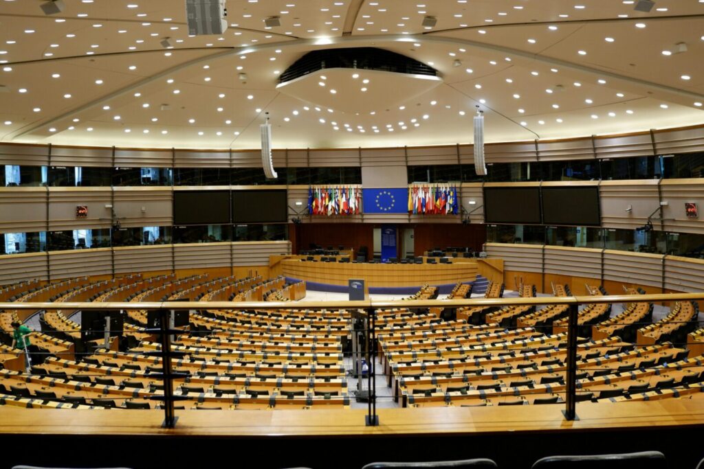 Empty European Parliament auditorium in Brussels, Belgium.